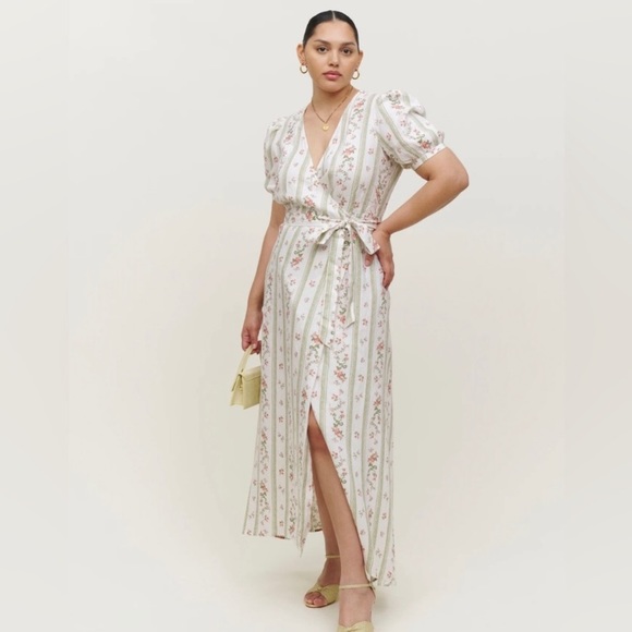 Reformation Weiss 100% Linen Wrap Dress in Heath - Picture 2 of 8